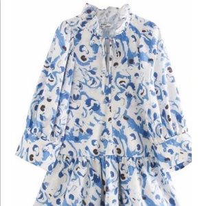 Blue and White Long Sleeved Tiered Dress